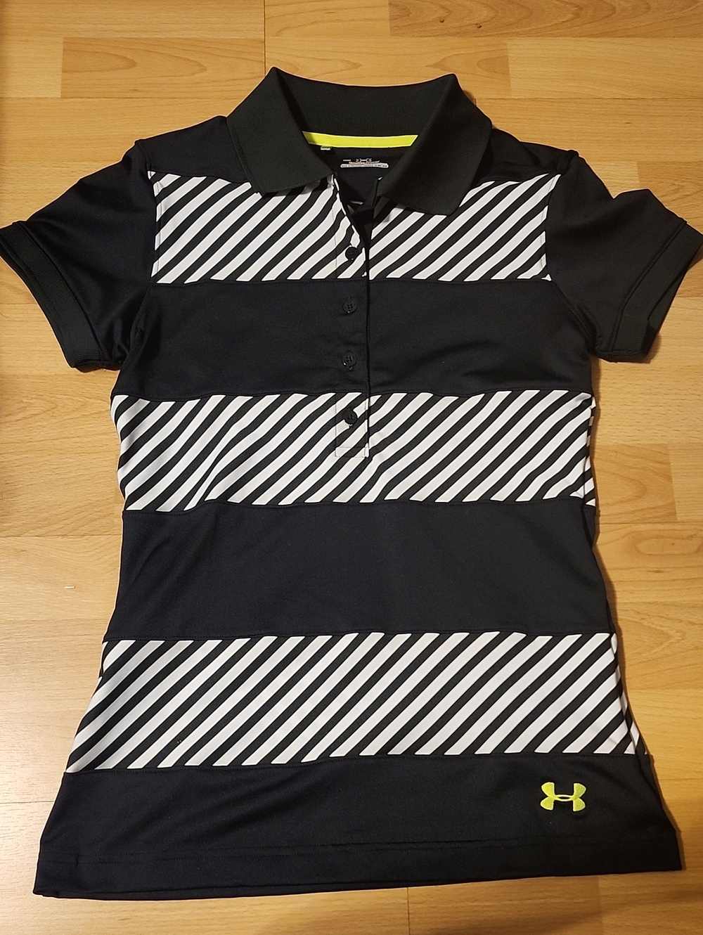 Under Armour Black & White Striped Girls Polo with Neon Logo